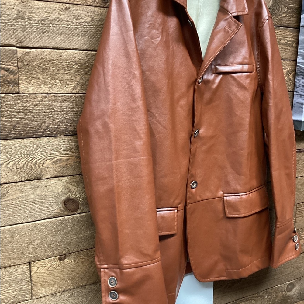 Faux Leather Button Front Jacket Rust Brown Size … - image 2